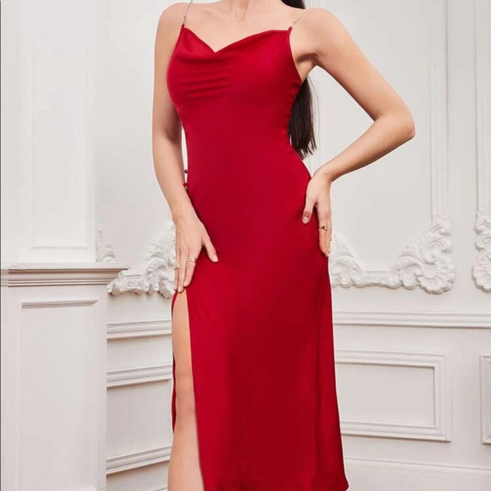 Rhinestone Strap Thigh Split Dress